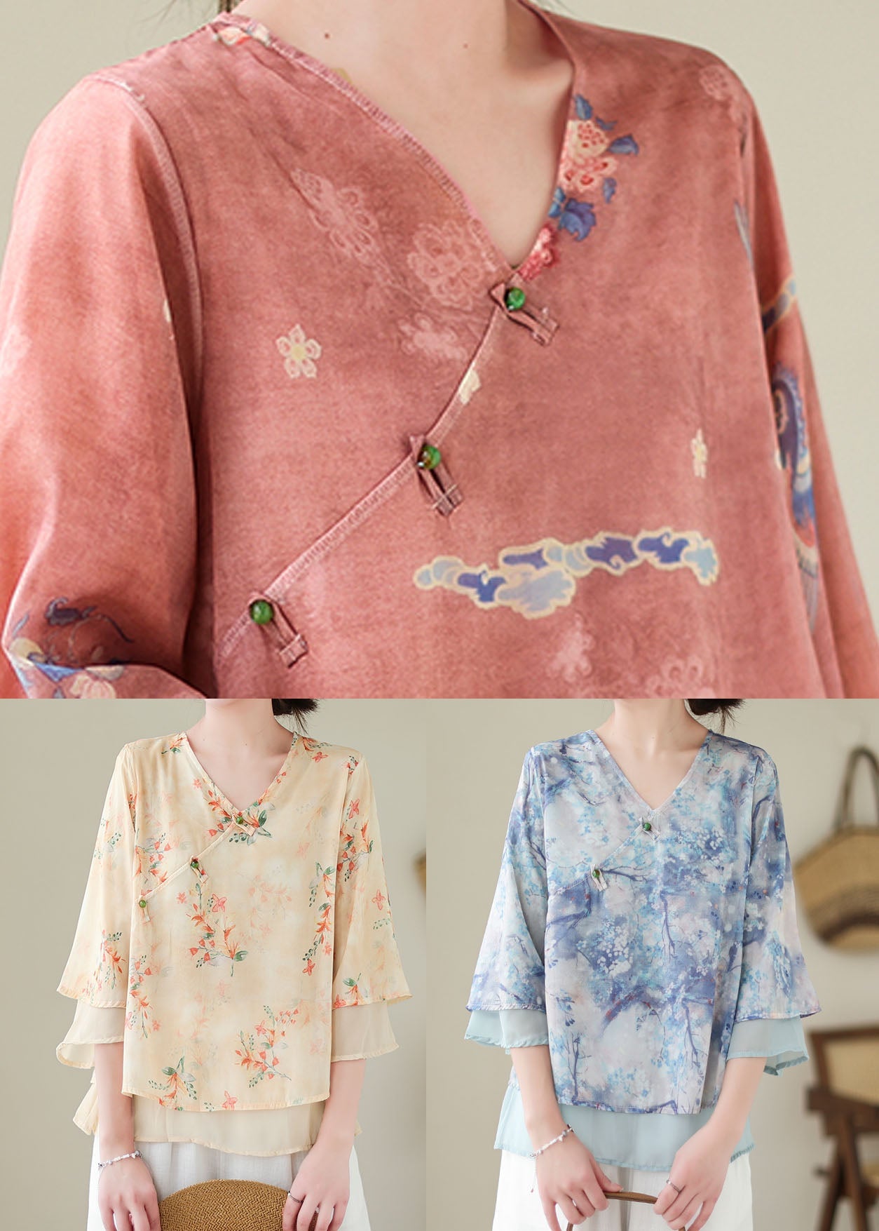 Apricot V Neck Print Patchwork Chiffon Shirt Top Summer