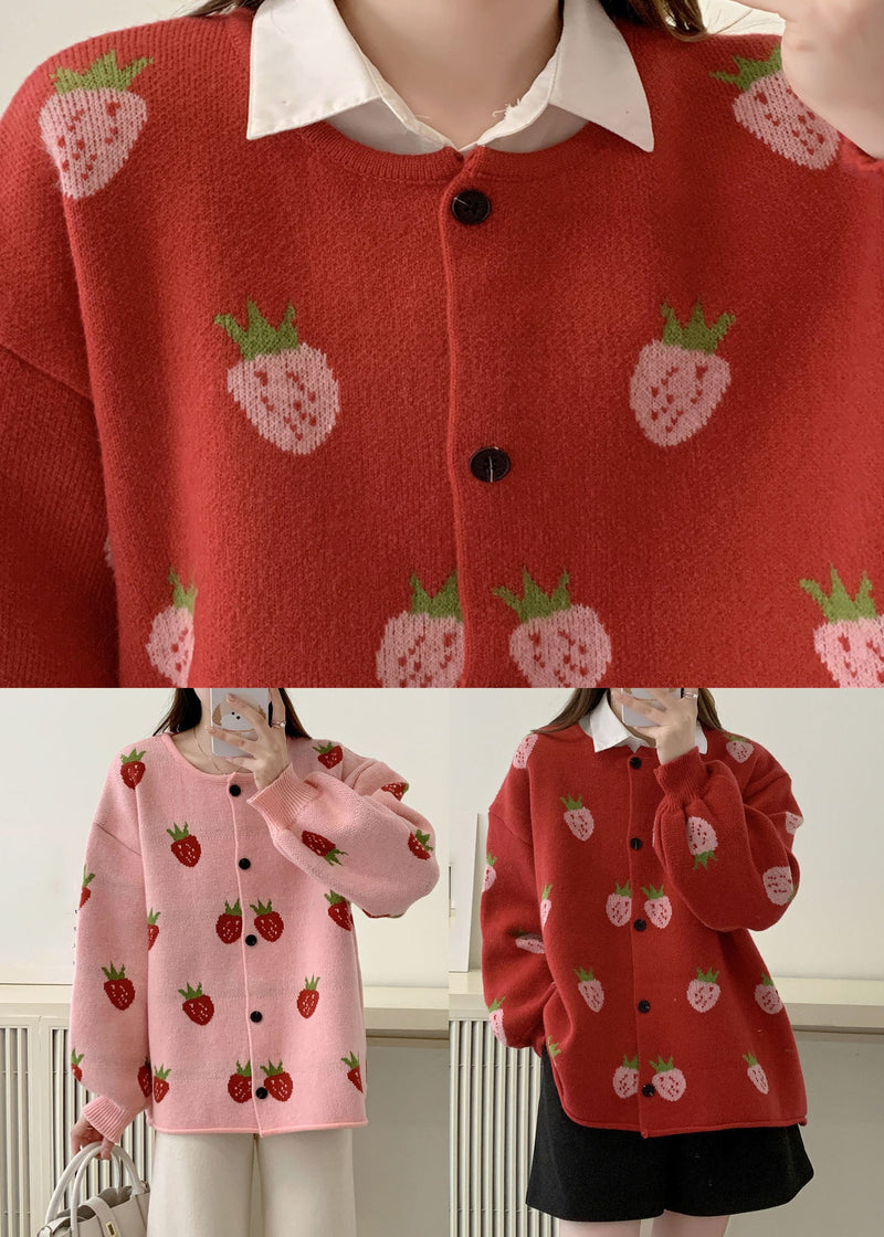 Pink Strawberry Cotton Knit Sweaters Coats Fall