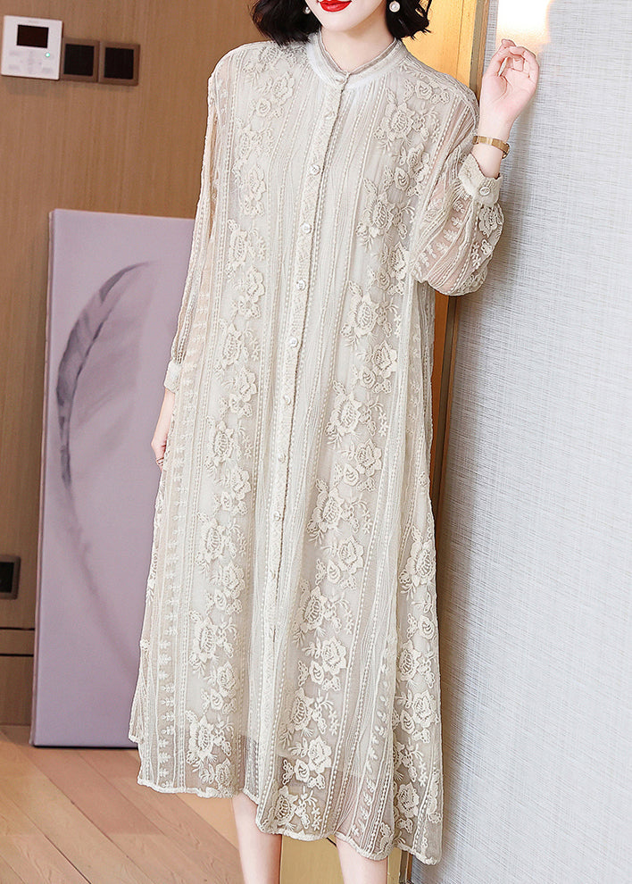Beige Embroidered Button Silk Long Dresses Long Sleeve Spring
