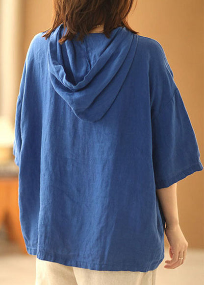 Blue Color Hooded Pockets Cotton Blend Pullover Top Summer