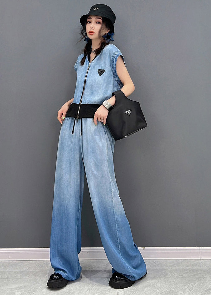 Blue Up V Neck Zip Coats and Long Pants Two Piece Set Summer