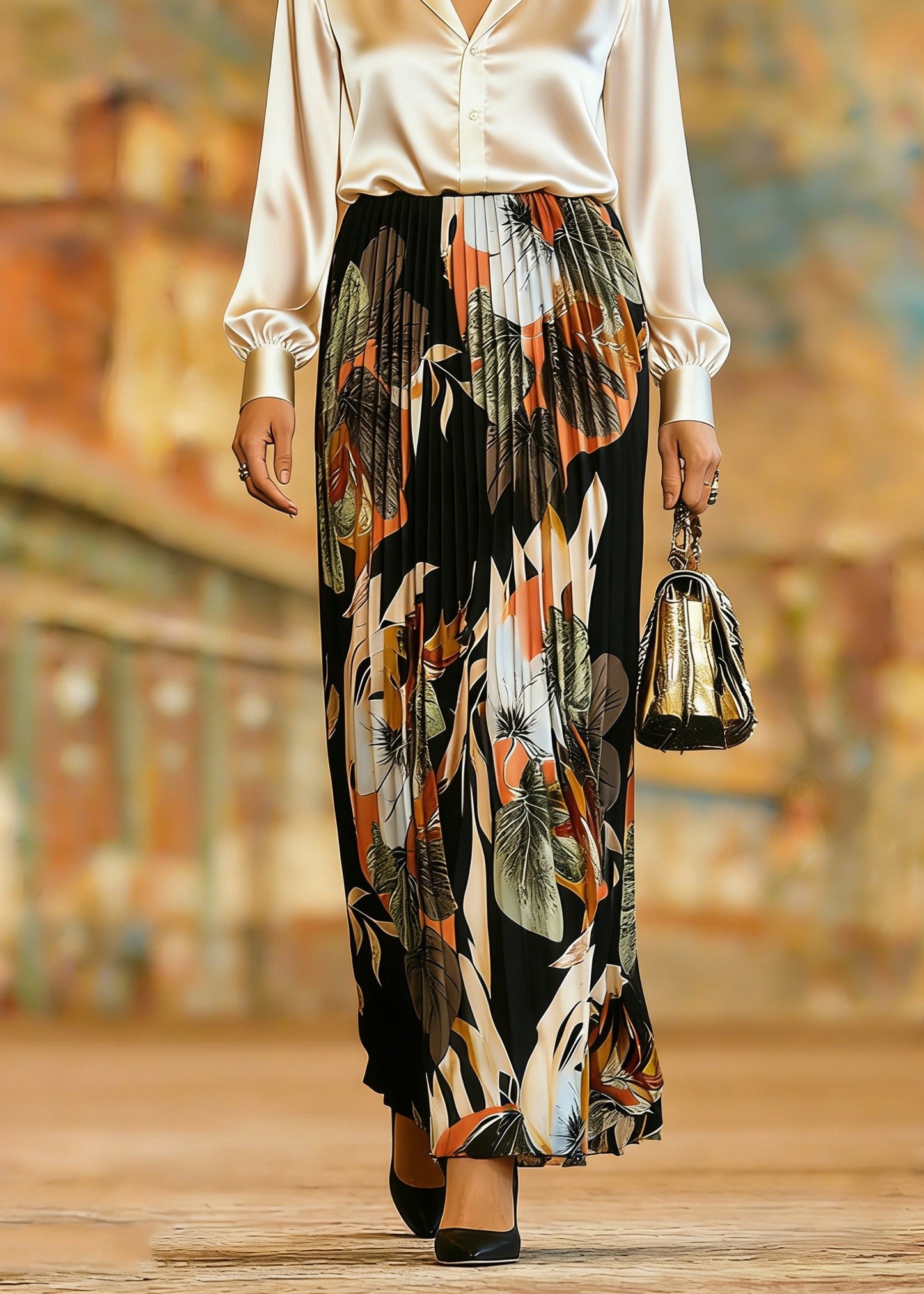 Organic Black Print Elastic Waist Pleate Skirts Spring