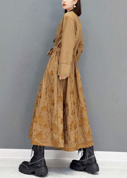 Classy Brown Pockets Tie Waist Embroideried Fall Long Sleeve Long Dress