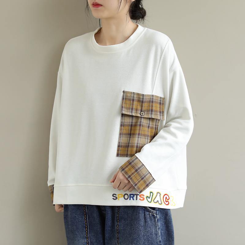 White Cotton Clothes for Long Sleeve Art Embroidery Pockets Blouses