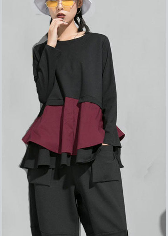 Organic Mulberry O-neck Patchwork Ruffles Fall Top Long Sleeve