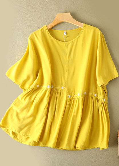 Diy Blue O-neck Asymmetrical Embroideried Wrinkled Cotton Shirts Short Sleeve