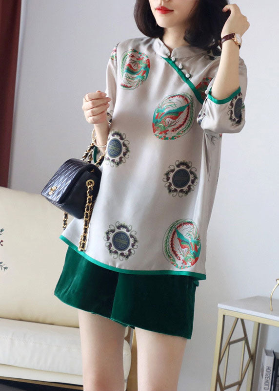Grey Stand Collar Button Print Patchwork Silk Blouses Spring