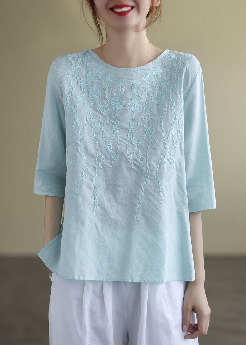 French Navy O-neck Embroideried Cotton Blouses Half Sleeve