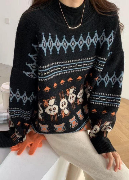 Black Rabbit Pattern Knit Sweat Tops High Neck Sweater Tops