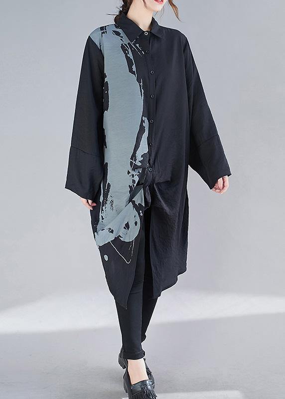 Organic Black Print Dresses Lapel Patchwork Loose Spring Dress