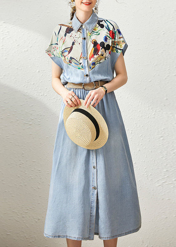 Denim Blue Peter Pan Collar Patchwork Print Cinched Dresses Summer