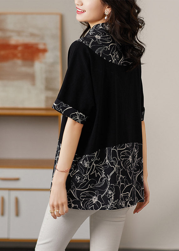 Black Peter Pan Collar Print Patchwork Button Cotton Shirt Short Sleeve
