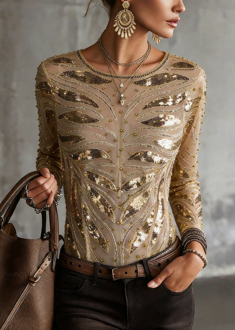 Gold O Neck Nail Bead Slim Fit Tulle Top Spring