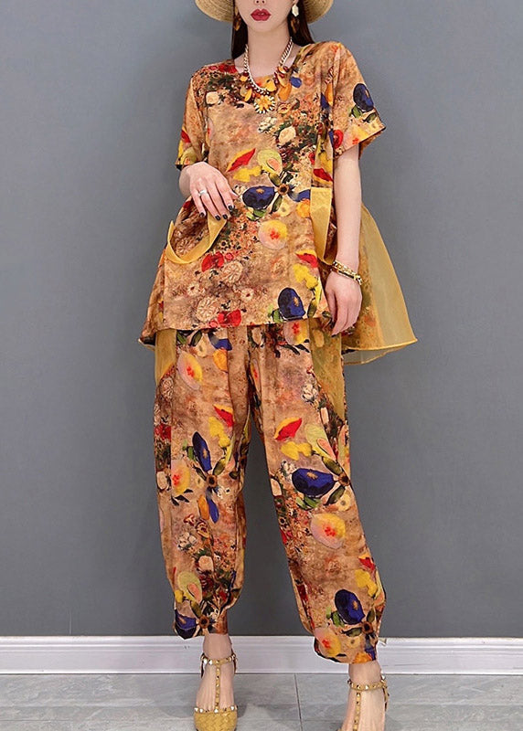 Yellow O-neck Print Tulle Patchwork Chiffon Tops and Pants Two Piece Set Clothing Short Sleeve