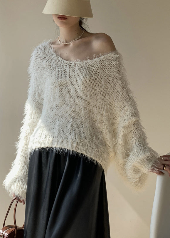 White Fluffy Hollow Out Knit Sweaters Winter