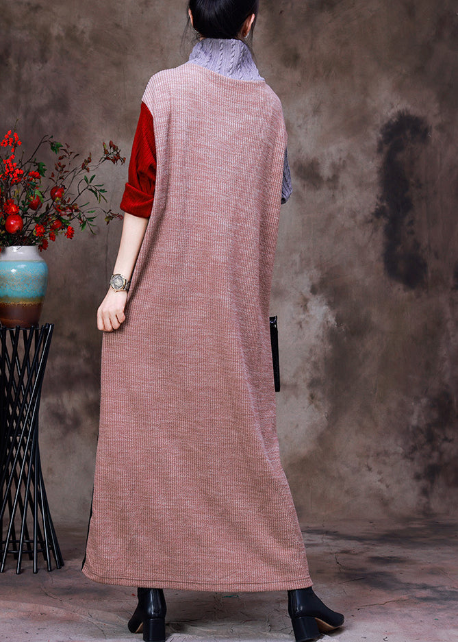 Turtleneck Striped Patchwork Knit Long Sweater Dress Long Sleeve
