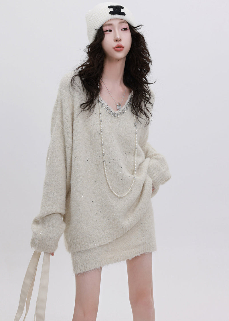 Boutique White Sequins Warm Knit Sweater and Skirt Two Piece Set Winter