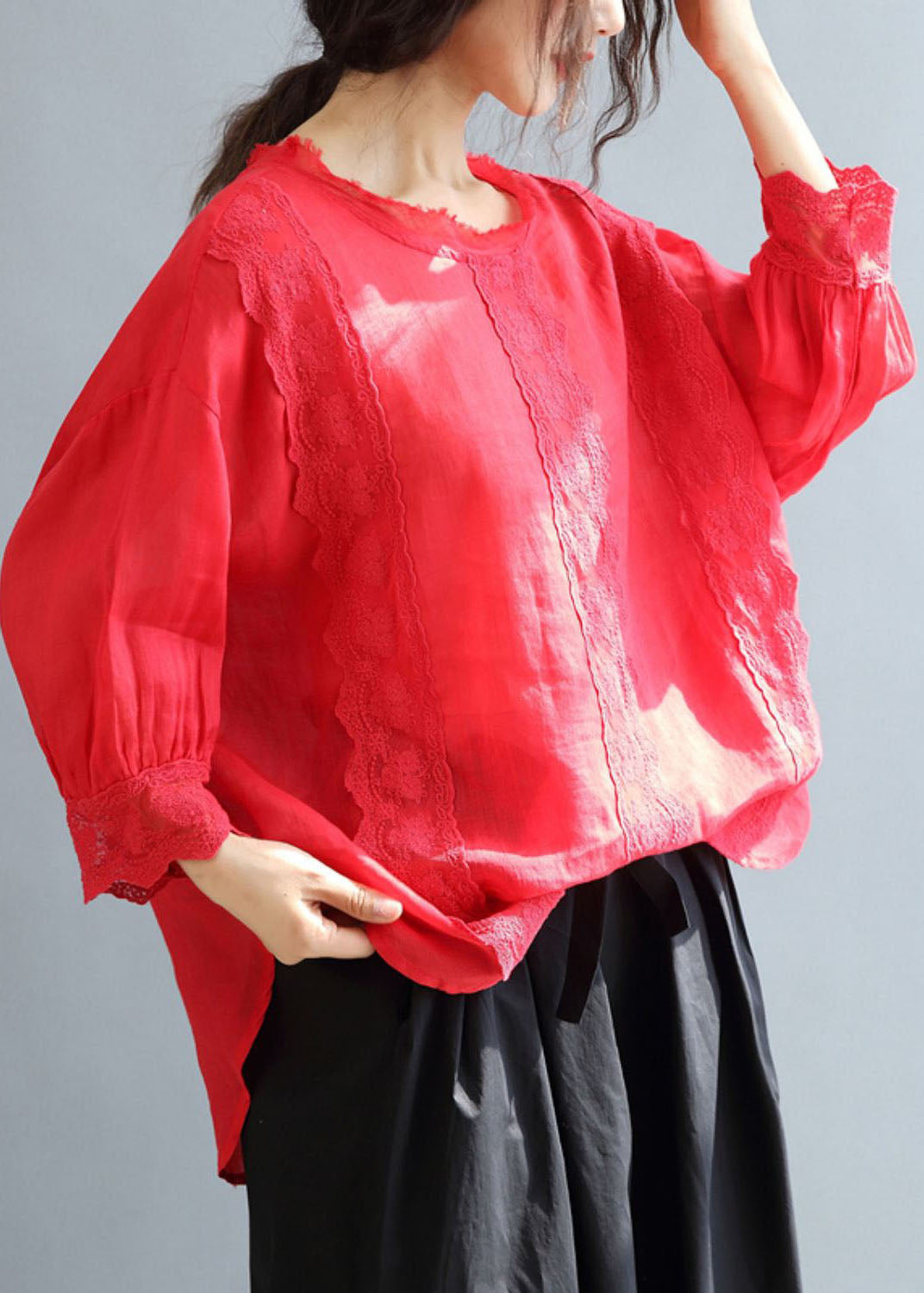 Red Patchwork Lace Linen Loose Tops O-neck Bracelet Sleeve