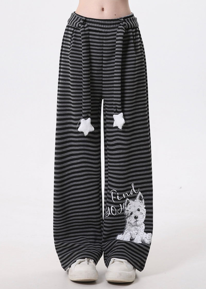 Grey Striped Animal Print Cotton Pants Spring