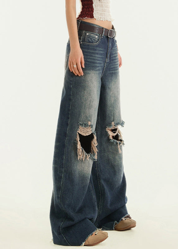 Blue High Waist Wide Leg Ripped Jeans Fall