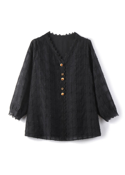 Black V Neck Lace Patchwork Chiffon Shirt Top Fall