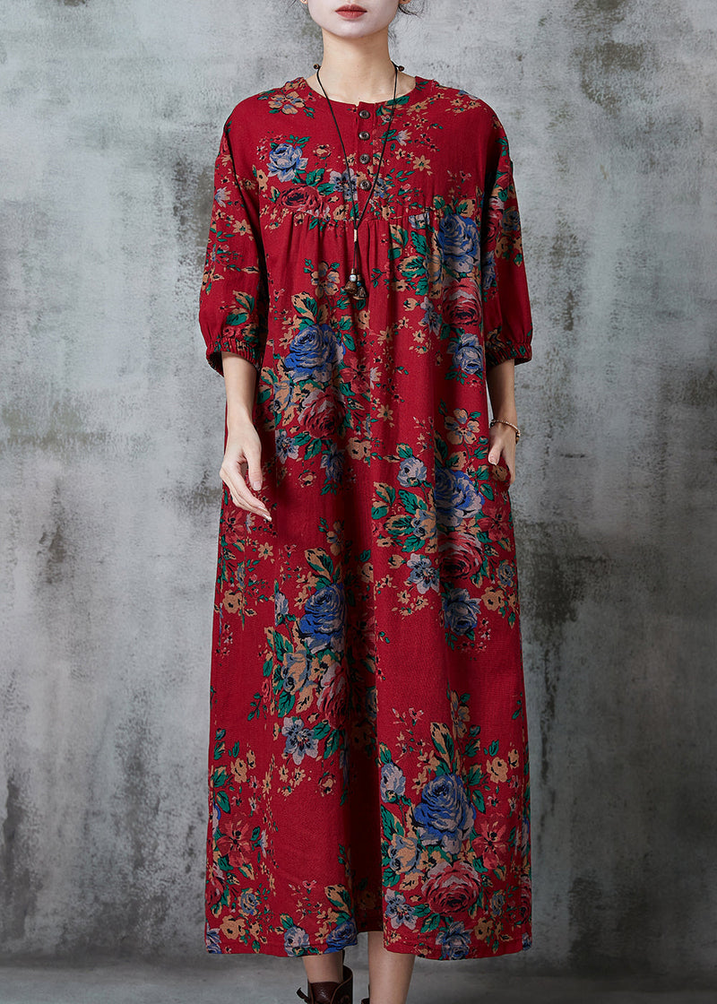 Red Oversized Print Cotton Long Dress Summer