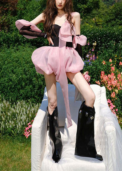 Pink Bow Patchwork Lace Up Strapless Jumpsuit Summer