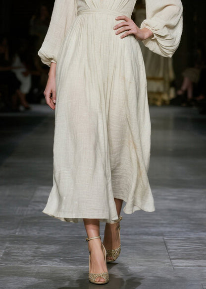 White Deep-v Neck Cotton Dress Lantern Sleeve