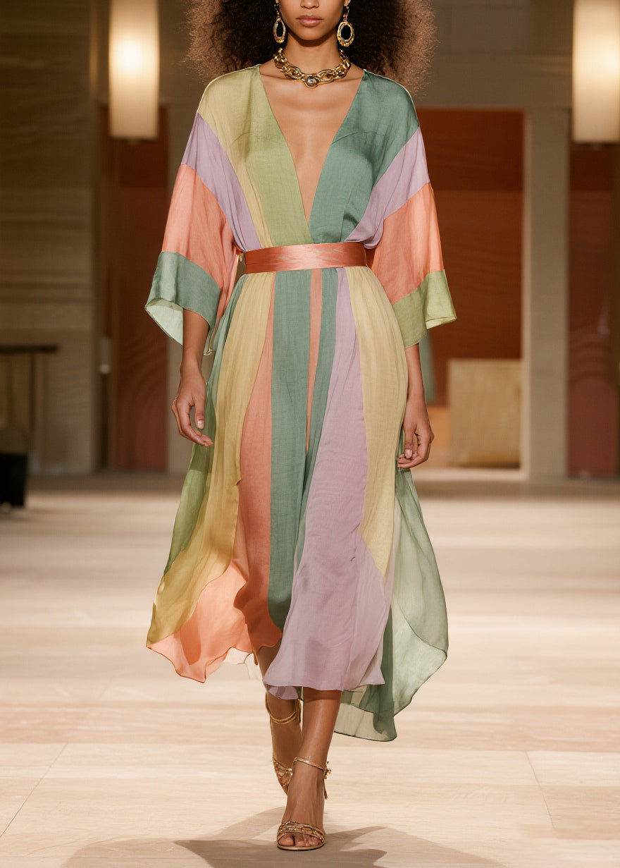 Colorblock Striped Draping Silk Cotton Tunic Dresses Summer