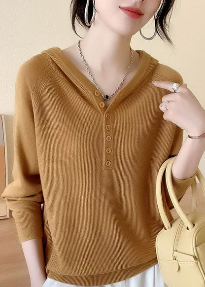 Green Button Hooded Knit Sweaters Spring