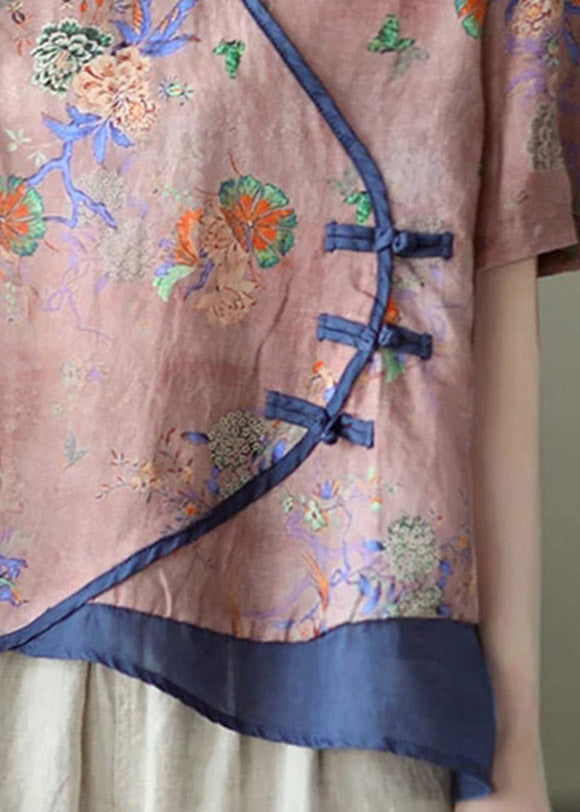 Pink V Neck Print Button Patchwork Blouse Tops Short Sleeve