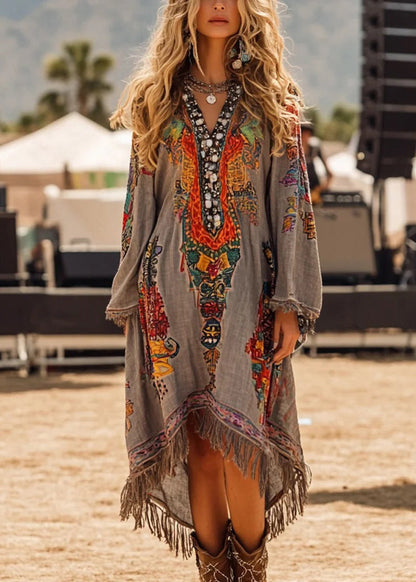 Grey V Neck Tassel Print Dress Spring