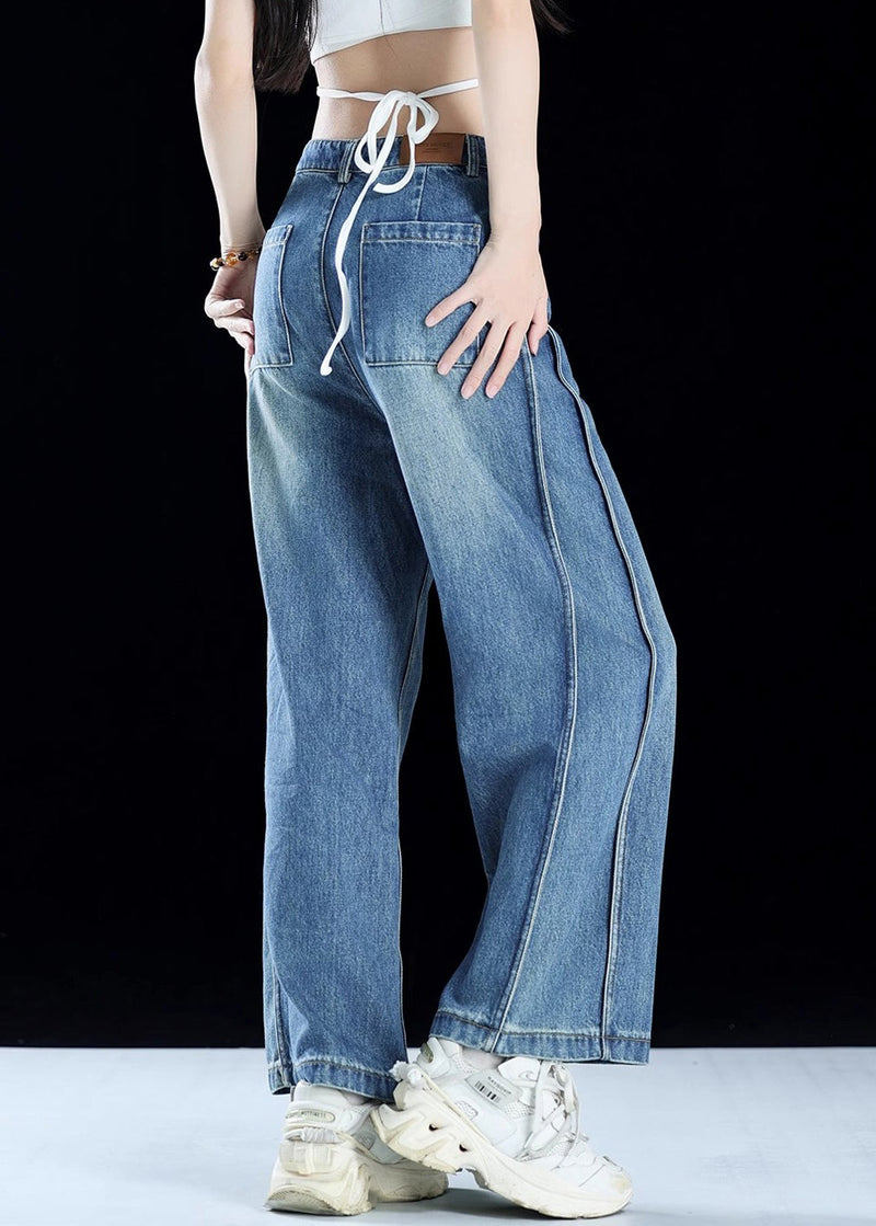 Blue Pockets Patchwork Denim Crop Pants Summer