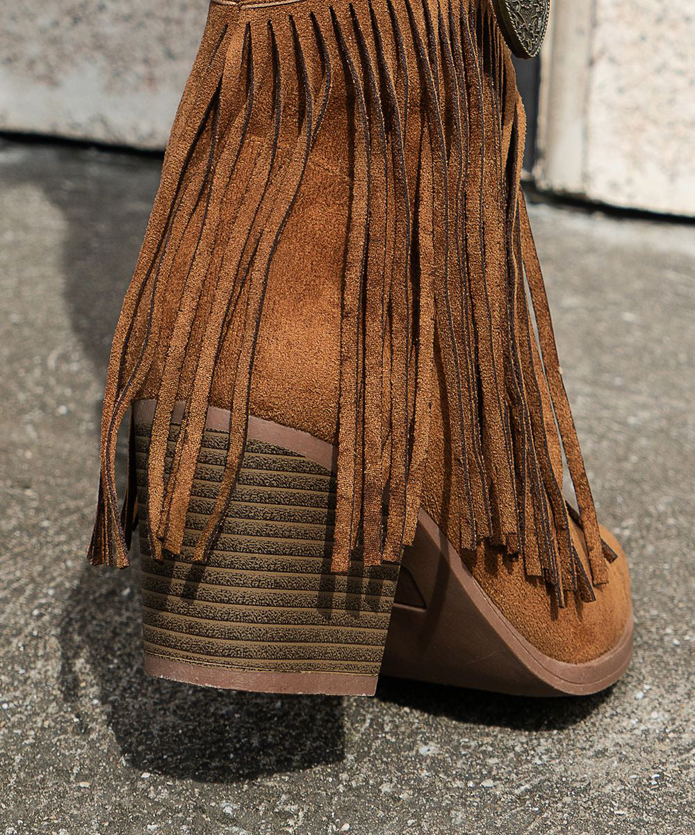 Brown Tasseled Nail Bead Suede Splicing Ankle Boots