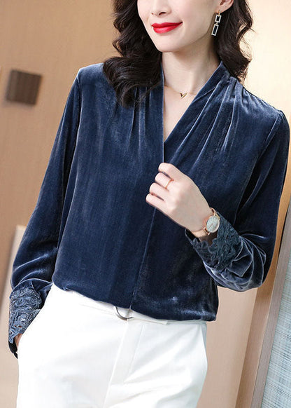 Grey Blue Silk Velour Shirt V Neck Hollow Out Long Sleeve