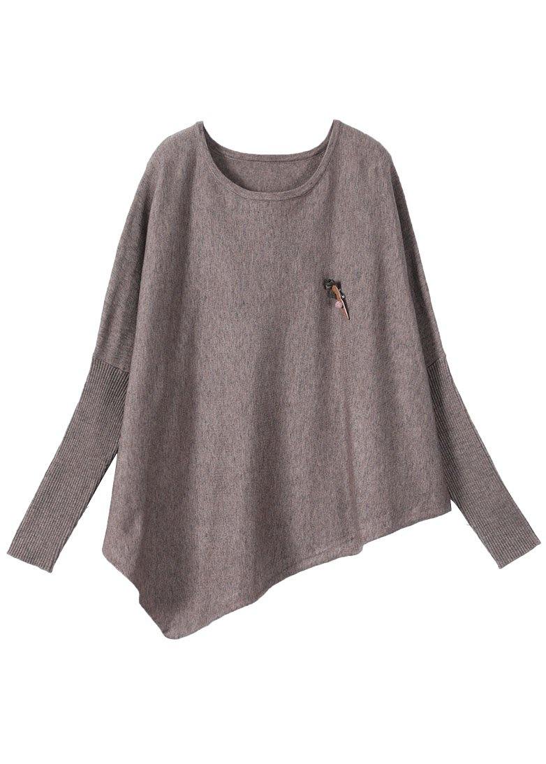 Simple Khaki O-neck Asymmetrical Design Fall Knitted Top