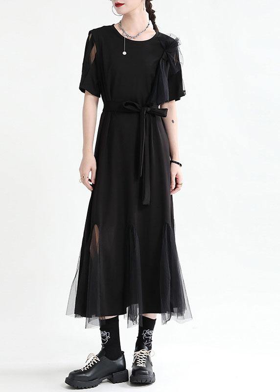 Art Black Patchwork Tulle Summer Tie Waist Dress Short Sleeve