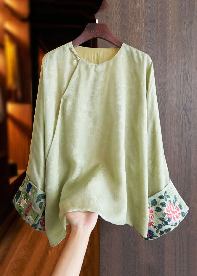 Green O-neck Asymmetrical Embroideried Silk Shirts Fall