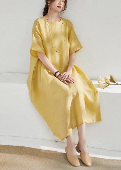 Italian Yellow Pockets Patchwork Summer Ramie Dress Half Sleeve