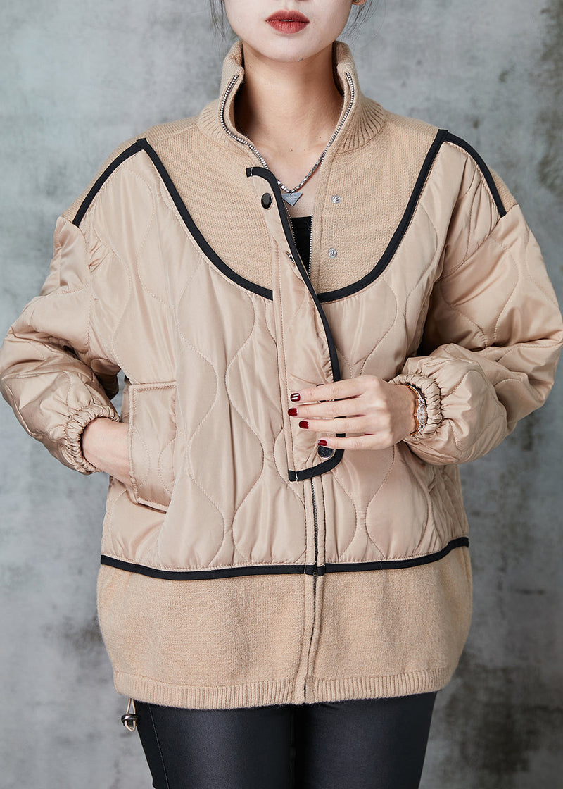 Khaki Stand Collar Patchwork Knit Fine Cotton Filled Coats Spring