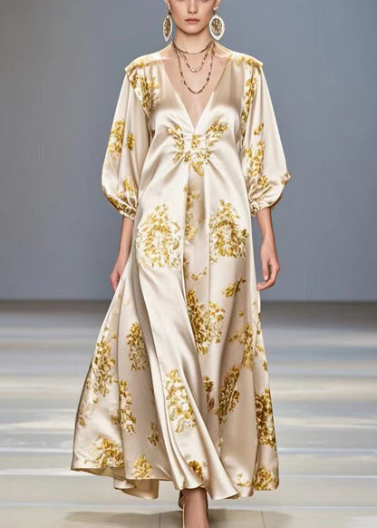 Fitted Champagne Oversized Print Silk Maxi Dress Bracelet Sleeve Spring