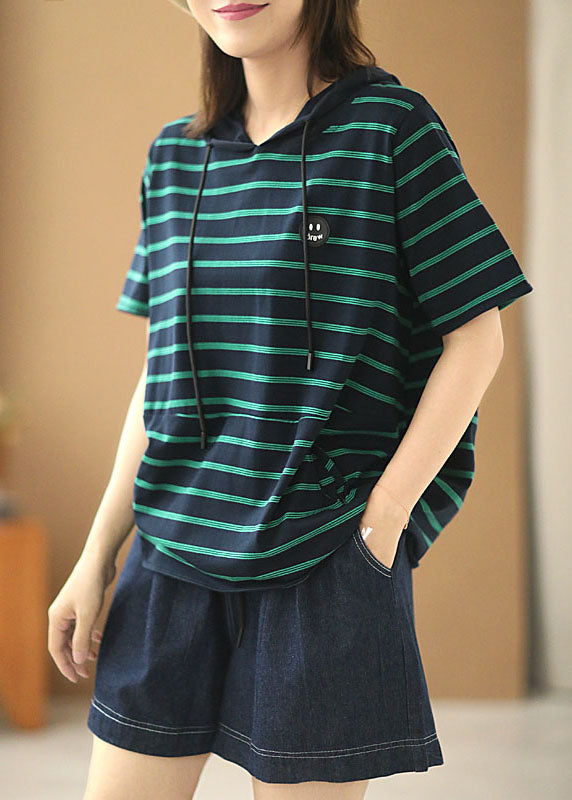 Navy Striped Drawstring Hooded Cotton Pullover Short Sleeve