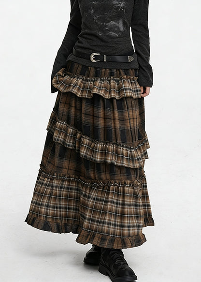Coffee Ruffled Plaid Elastic Waist Cotton Skirts Spring