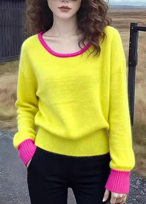 Yellow O-neck Patchwork Cotton Knit Sweater Spring