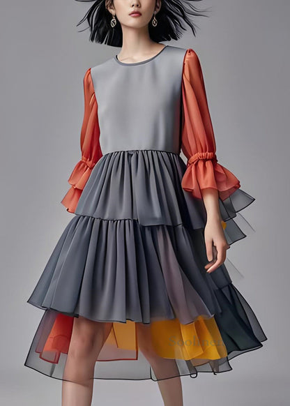 Wrinkled Layered Patchwork Chiffon Dresses Summer