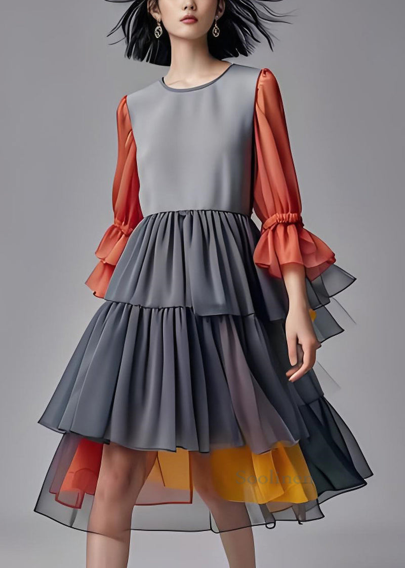 Wrinkled Layered Patchwork Chiffon Dresses Summer