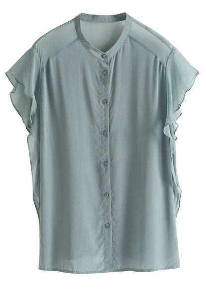 Brief Haze Blue Stand Collar Button Silk Shirt Short Sleeve