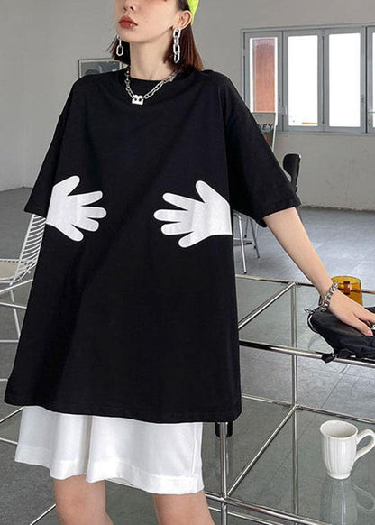 Black O Neck Hug Pattern Cotton Tee