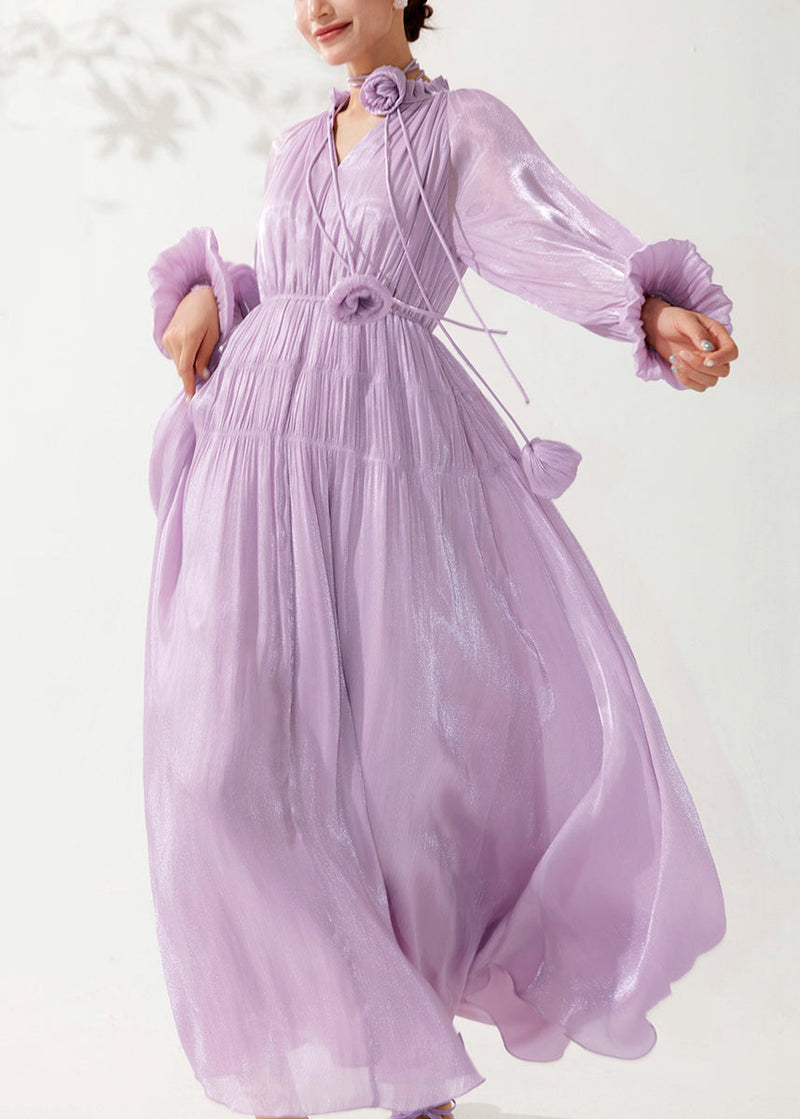 Light Purple Ruffled Lace Up Silk Long Dress Fall