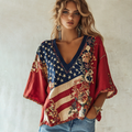 Women's Independence Day Floral Flower Art Linen Blend V-neck T-shirt artswardrobe
